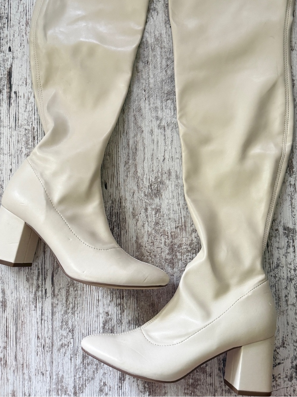 Women's Cream Knee-High Block Heel Boots